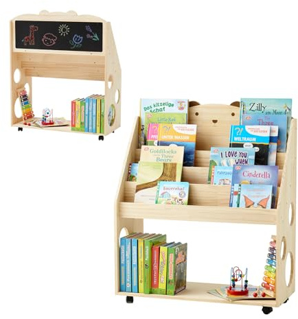 DENMOSTY Kids Bookshelf with Wheels & Blackboard, 5 Tier Pine Wooden Childrens Bookcase Baby Book Shelf Kids Room, Toddler Childs Nursery Book Toy Storage Case Montessori Display Rack for Playroom