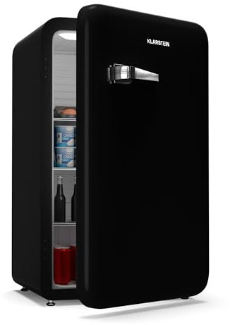 Klarstein Audrey Evo Réfrigérateur Rétro, 112L, Frigo Noir 1 Porte, Silencieux 40 dB, Porte Réversible, Pieds Réglables, Thermostat 0-10°C, Noir