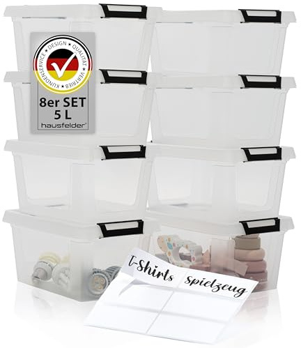 Hausfelder Aufbewahrungsbox mit Deckel 5 Liter, 8 Stück Stapelboxen Durchsichtig Transparent, Kunststoffboxen Plastikbox mit Deckel, Ordnungsboxen Küche