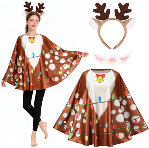 3 Piezas Disfraz Navidad Mujer Adulto, Poncho Navideño de Papa Noel Muñeco de Nieve Elfo Reno, Diadema Gorro Navidad, Pegatinas Cara, Capa Navideña Disfraz Navideño Mujer para Fiesta Navideña Cosplay