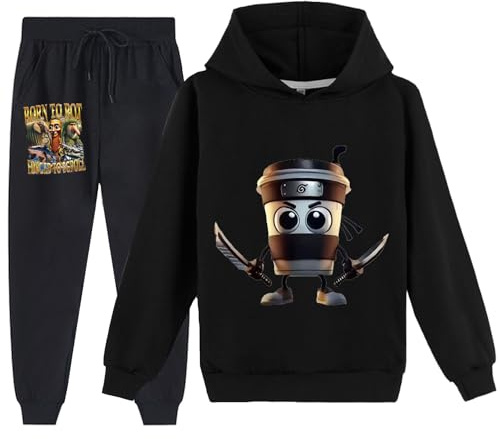 YuanDiann Barn Cappuccino Assassino träningsoveraller huvtröja + joggingbyxor 2-delat set italienskt brainrött tryck träningsoverall pojkar flickor huvtröja och byxor, svart, 140