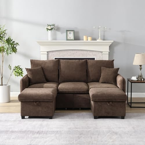Generisk soffa med sovfunktion, hörnsoffa 3-sitsig soffa med stopppall, tresitsig stoppning, soffa med stoppfunktion, inklusive lådor + pall med förvaringsfack, för vardagsrum/sovrum, antikbrun