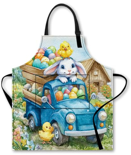 Nuxovilar Apron Happy Easter Cooking Apron, Blue Truck Bunny & Chick & Egg pattern, Polyester 26.7×30.7inch, Apron Cute Easter Kitchen Apron, Cooking, Kitchen, Home Baking