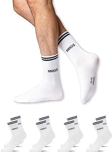 Snocks Retro Socken aus Bio Baumwolle 4 Paar - Lifestyle Socken im Streifen Design - Lange Tennissocken für Damen & Herren - Hohe Sportsocken - Gr. 43-46 - Farbe Weiß