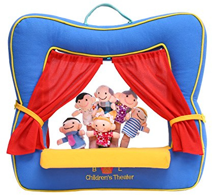 Finger Puppet Theater Stage by Better Line - Set Includes 6 Finger Family Puppets - Portable Plush Finger Puppet Theater is The Best Preschool Kids (Blue)