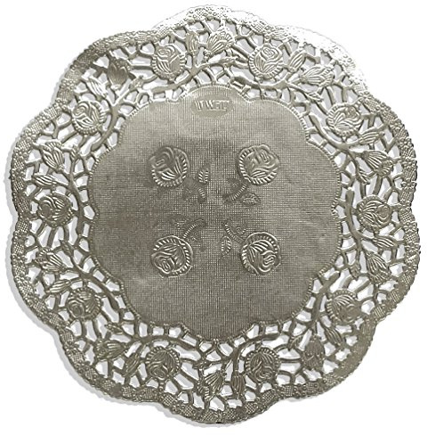 Tårtspets, rund spetspapper, präglad, 100 stycken (silver, Ø 16,5 cm)