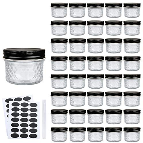 4 oz Glass Jars With Lids（Black）,Small Clear Canning Jars For Caviar,Herb,Jelly,Jams,Mini Wide Mouth Mason Jars Spice Jars For Kitchen Storage Preserving Food And Party Favors 40 Pack ……