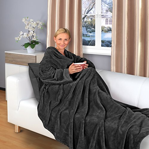 Gräfenstayn® coperta TV con maniche e tasca per i piedi - 200 x 170 cm - coperta coccolone - molti colori - Pile in microfibra di flanella supersoft - con sigillo Oeko-Tex fiducia certificata (Nero)