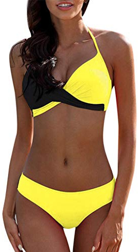 Dambikiniset, push-up, vadderad tvådelad baddräkt, sexig halterneck, bikini, kanpola, crossover, bikinitopp och triangel-bikinitrosor, badmode med färgblock, 11-gul, 38 SE