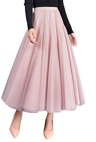 FEOYA Women's High Waist Tulle Skirt Dance Date Casual Elegant Vintage Petticoat A-Line Long Maxi Skirt Pink