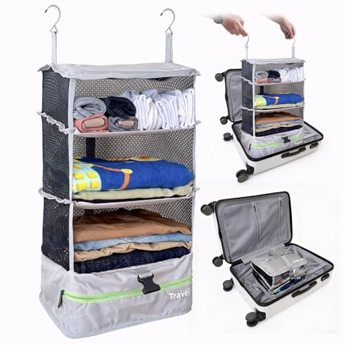 Stow-N-Go - Organizador de equipaje de viaje pequeño y cubo de embalaje que ahorra espacio. Los estantes colgantes y la ranura de almacenamiento de lavandería ahorran espacio en la maleta, reducen las