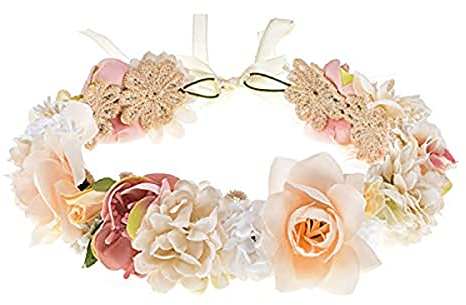 Corona di fiori per donne, matrimonio, festa, donna, fascia per capelli, fiori, ragazza, testa di fiori, con nastro, maternità, accessori di scena (oro)