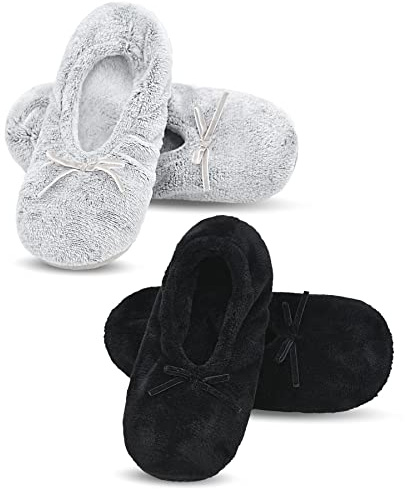 DICUIRD Ballerina House Slippers for Women, Anti-Skid Comfy Warm Ballet Style Slippers(Black&Gray,8-10)