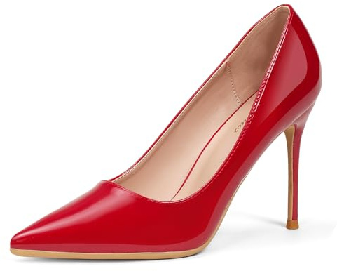 GENSHUO Damer stilett höga klackar 10 cm sexig spets stilett pumps lackläder stängd tå party avslutningsbal bröllop klackskor stilett klackar storlek EU 36–42, röd, 38.5 EU