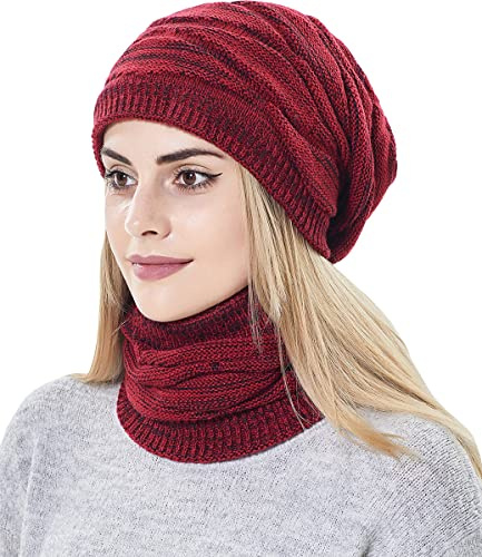 29 IYEBRAO Set 2 in 1 da donna berretto slouchy e sciarpa in maglia foderata in pile, cappello da sci caldo invernale e scaldacollo per ragazze, Rosso vinaccia, Etichettalia unica