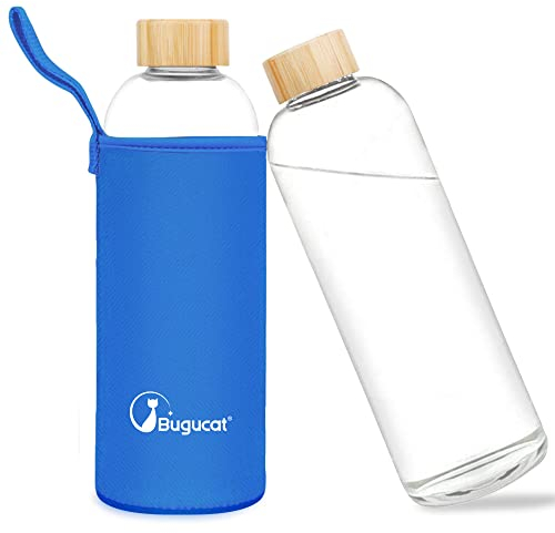Bugucat Botella de Agua Cristal 1000ML, Botella para Beber Reutilizable Botella de Agua de Vidrio de Borosilicato,Garrafa con Funda Protectora Botella Deportiva para Gimnasio Viajes Deportes, Sin BPA
