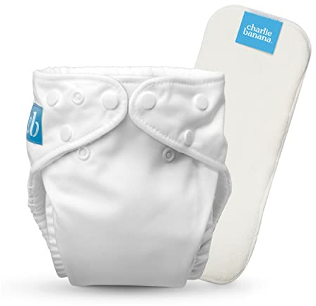 Charlie Banana Pañal de Tela Reutilizable con Inserto Absorbente, Pañal Lavable Tipo Bolsillo con Broches, Talla Única Ajustable para Bebés y Niños Pequeños, Blanco, 1 Unidad