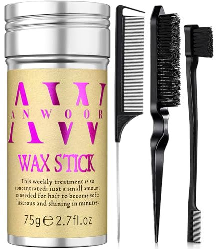 AnWoor Hair Wax Stick & Hair Combs of 4Pcs, Fly Away Hair Stick for Smoothing Frizz Edge Control, Smoothing Hair Brush with Teasing Brush, Rat Tail Comb and Edge Brush
