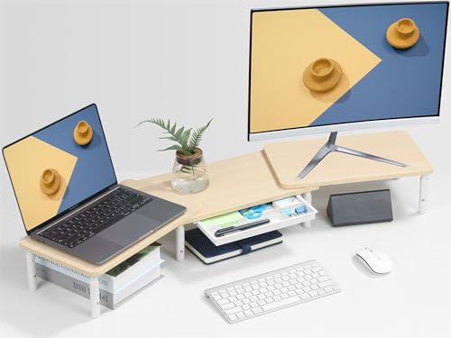 ETHU Dual Monitor Ständer, Höhenverstellbare Bildschirmerhöhung für 2 Monitore, Verstellbarer Monitor Stand mit Schublade & Telefonhalter, Monitorerhöhung Längen- & Winkelverstellung