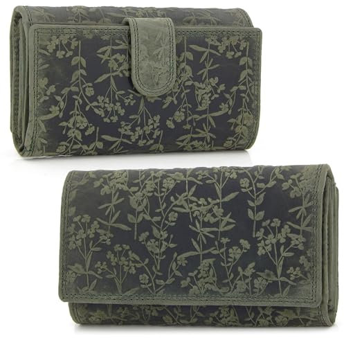 ekavale Damen-Geldbörse groß im Langformat Portemonnaie mit Druckknopf und RFID- Schutz, Geldbörse mit Blüten Muster (Grün)
