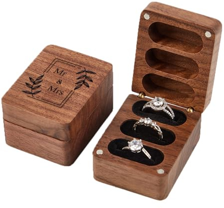 Roycraft Mr & Mrs Wedding Ring Box 3 Slot for Ceremony Engagement Birthday Ring Bearer Box Wooden Engrave Wedding Ring Box- Black Lining