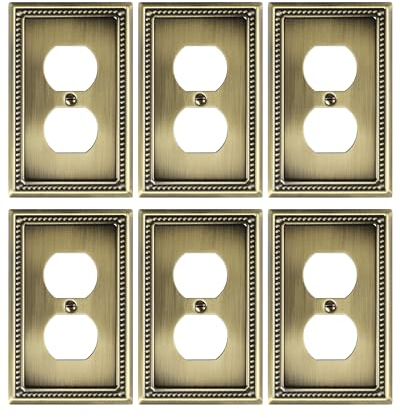 TREEWELL 6-Pack Duplex Outlet Cover Plate, Antique Brass Metal Wall Plates for Electrical Outlets, 1 Gang Receptacle Cover, Pearls Decorative Switch Plates and Outlet Covers