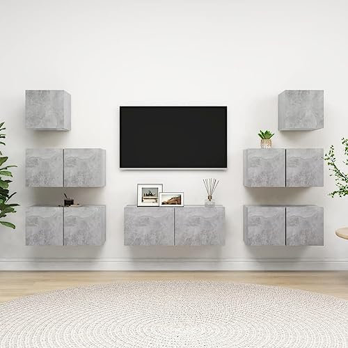 ShGaxin Ensemble de meubles TV 7 pièces en aggloméré gris béton, table TV, meuble TV, meuble TV, meuble TV, meubles de salon, table de salon TV