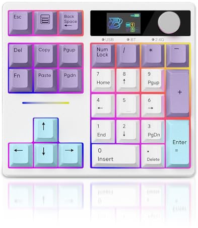 ZMX X BOYI TD31Pro Mechanical Number Pad,30 Keys Hot Swap Wireless BT5.0/2.4GHz/Type-C Wired Numeric Keypad Programmable RGB Gaming Numpad Keyboard with Knob Screen for Laptop/Mac (White-Purple)
