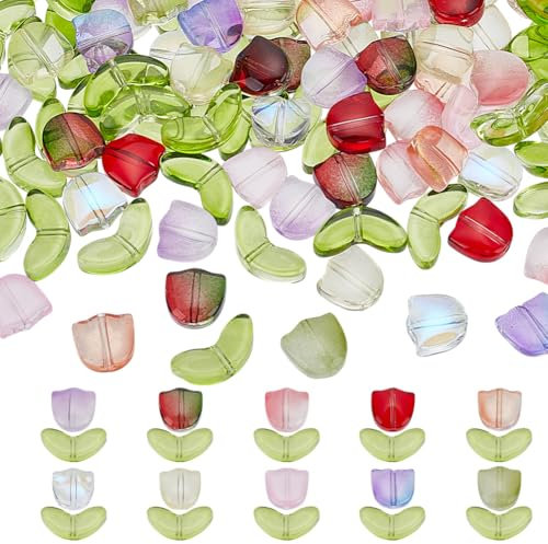 HOBBIESAY 60Set Tulip Flower Beads 10 Colors Crystal Loose Spacer Glass Floral Beads for DIY Earring Necklace Bracelets Jewelry Making