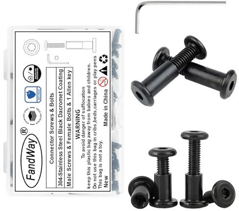 FandWay M4x20mm 25 Paia Viti di Collegamento,Assemblaggio Mobili in Acciaio Inox A2 V2A Dacromet Nero,Rilegatura Connettori Per Armadi (25 Viti per Mobili,25 a Manicotto) con Chiave Esagonale.