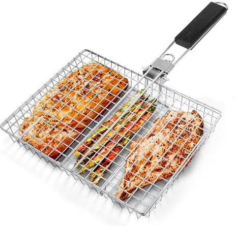 EASYLOCK Stainless Steel BBQ Grill Basket with Foldable Handle, Fish Vegetable Shrimps Steak Portable Camping Family Gathering