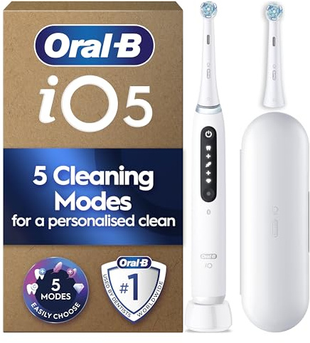 Oral-B iO5 Electric Toothbrush for Adults, 1 Handle, White - 2 Brush Heads, Travel Case, 5 Modes, Teeth Whitening, UK Two Pin Plug