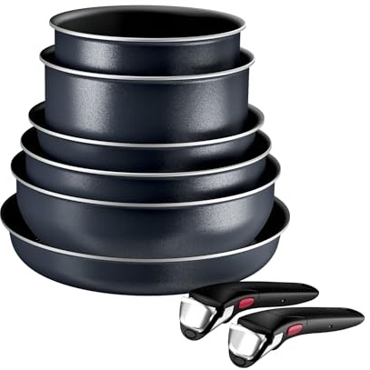Tefal Ingenio Enjoy - Juego de 2 Sartenes 22/28 cm + 2 Cazos 18/20 cm + Guisera 24 cm + Wok 26 cm + 2 Mangos extraíbles, Apto inducción, antiadherentes, revestimiento titanio, apto horno