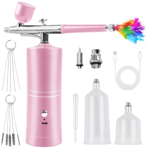 Juego de aerógrafo con compresor, kit de aerógrafo inalámbrico portátil, kit de aerógrafo recargable, pistola pulverizadora multifunción de doble acción para arte de uñas, tatuajes, maquillaje