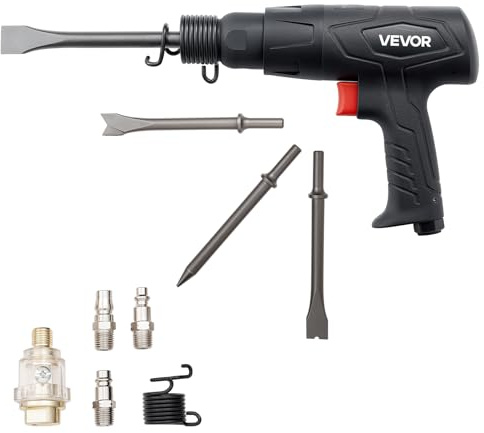 VEVOR Marteau Pneumatique, 2500-2700 bpm, Burineur Pneumatique Compact, Course de 7 cm, avec 4 Burins de 17 cm, pour Couper le Métal, Démolir les Murs en Béton, Ciseler les Sols, Dévisser les Boulons