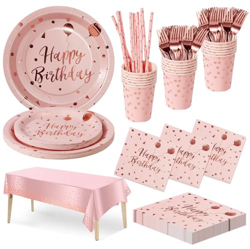 Nkaiso Anniversaire Party Vaisselle, 20 invités Pink et Rose Or Kit Vaisselles Anniversaire Assiette Dîner Papier Tasse Serviette Réutilisable Couverts Décorations fête Enfants