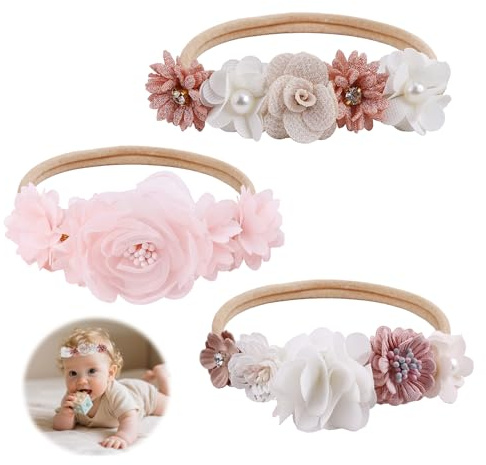 3 Pièces Bébé Fille Bandeaux, Fleur Élastique Serre Tête pour Bébé, Nylon Bandeau Cheveux Fille Bandeau Bebe Fille 0-3 Mois pour Nourrissons Cadeau Photo Vêtements de Tous les Jours Photographie