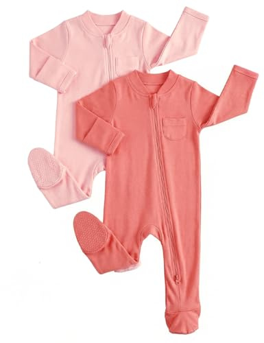 JiAmy Babypyjamas för flickor, 2 st sov långärmad bebis, 100 % bomullsoverall med babyfötter, nyfödd kläder 0–12 månader