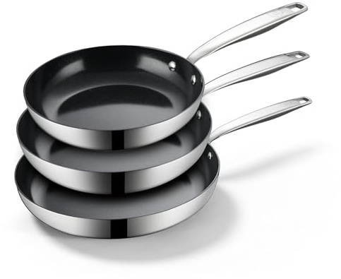 Be Living stekpanna i rostfritt stål 3 delar, stekpanna 20/24/28 cm, non-stick keramisk non-stick-beläggning, induktionspanna, utan ptfe och foa, svart