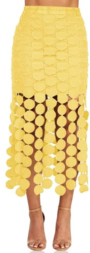 Cicy Bell Womens Hollow Out Maxi Skirts Summer High Waisted Boho Fringe Hem Skirt Beach Vacation Outfits Yellow