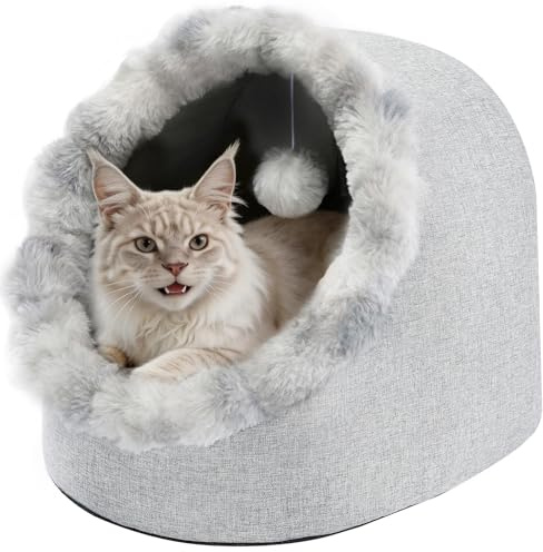 Avont Cat Bed Cave for Indoor Cats, Semi-Enclosed Cat House with Anti-Slip Bottom & Removable Washable Cushion, Warm Plush Cat Tent for Medium Cats & Small Dogs -L