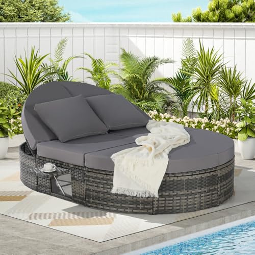 Secsofier Outdoor Patio Round Sunbed, Adjustable Backrest Reclining Lounger with Foldable Cup Trays, Wicker Rattan Daybed with Cushions for Backyard Poolside