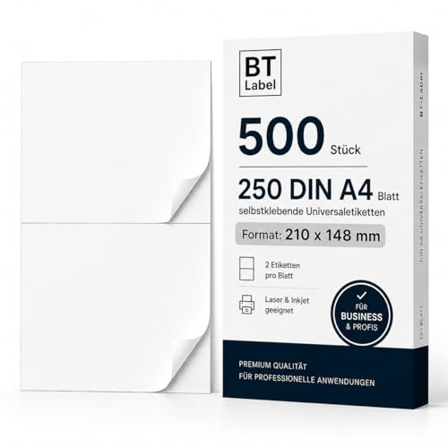 BT-etikett 500 universaletiketter 210 x 148 mm | Självhäftande fraktetiketter på 250 A4-blad (2 per ark) | Paketklistermärken för DHL, Hermes, FBA | Laser och bläckstråleskrivare vit