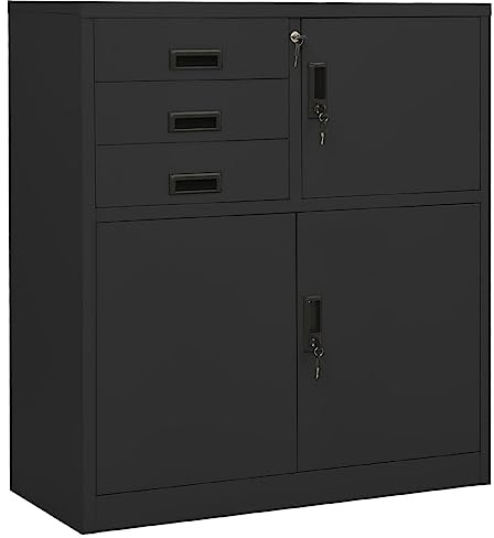 Augerlite Armoire de bureau anthracite en acier 90 x 40 x 102 cm avec casier et étagère réglable, 3 tiroirs avec roulement à billes, armoire de classement pour bureau, entrepôt, ménage, atelier