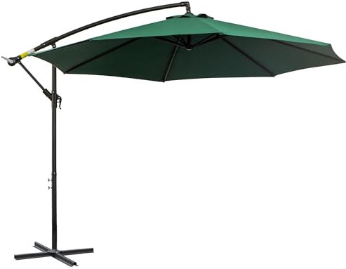 Outsunny 3(m) Garden Banana Parasol Hanging Cantilever Umbrella with Crank Handle, 8 Ribs and Cross Base for Outdoor, Sun Shade, Dark Green