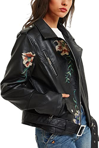 BELLIVERA Femmes Similicuir Veste Faux Cuir Printemps Automne Floral Ceinture Moto Vélo Manteau 1702020 M