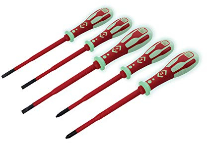 C.K Dextro VDE Slim GLO Set of 5 Phosphorescent Screwdrivers SLP & PZ, Glow in The Dark Thin Slotted Pozidriv PZ1 PZ2 SL, Electricians Insulated Screwdriver Sets, Electrical Terminal Tools T49283PD