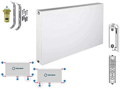 Planheizkörper Mittelanschluss Kompakt & Ventilheizkörper & Halter & Ventil NEU Typ 22 (Höhe x Breite) 600x1000