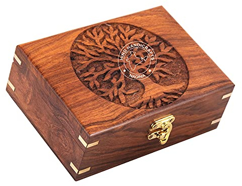 Rosewood Handgjord träurna livets träd gravering handsnidade smyckeskrin för kvinnor – män juvel | heminredningstillbehör | dekorativa lådor | förvaring och organiserare (17,8 cm x 14 cm x 8,9 cm, träd – 2 plan)