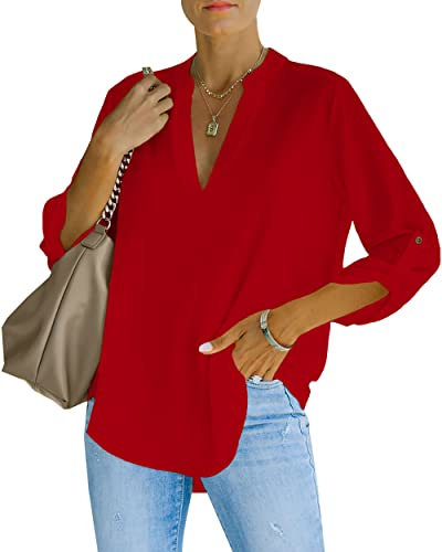 NONSAR Damen Bluse Elegant V-Ausschnitt Henley Hemdbluse Aufrollbaren Ärmeln Locker Blusen(9351XL,Rot)